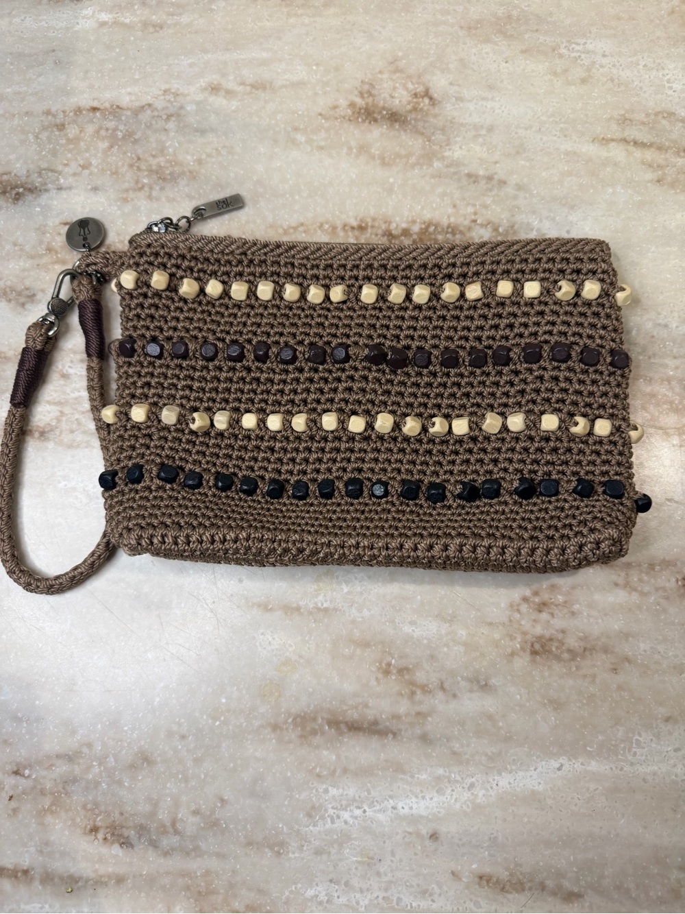The Sak Crochet Beaded Wristlet Clutch Brown Zip Top Handbag Purse